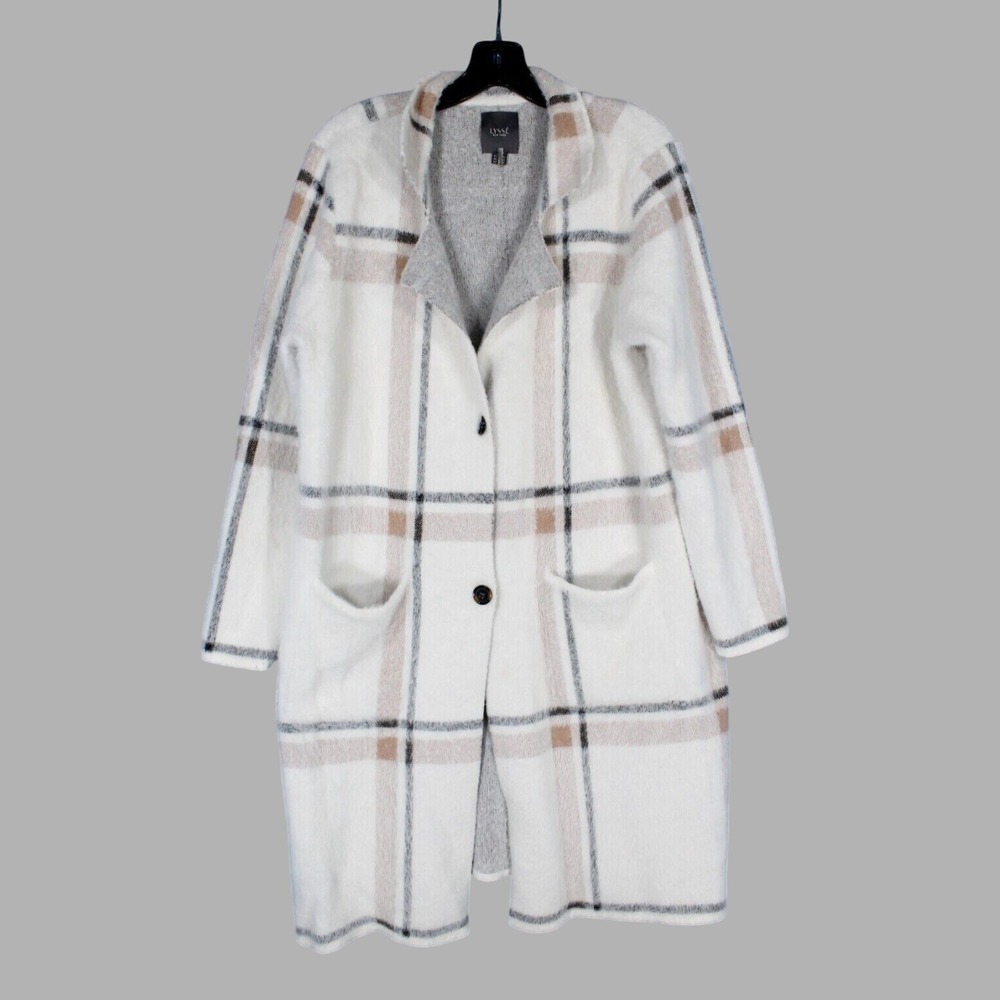 LYSSE White PLAID PRINT Button-Up FAUX MINK SWEATER 2-Pockets JACKET/COAT Sz S/M - Picture 2 of 7
